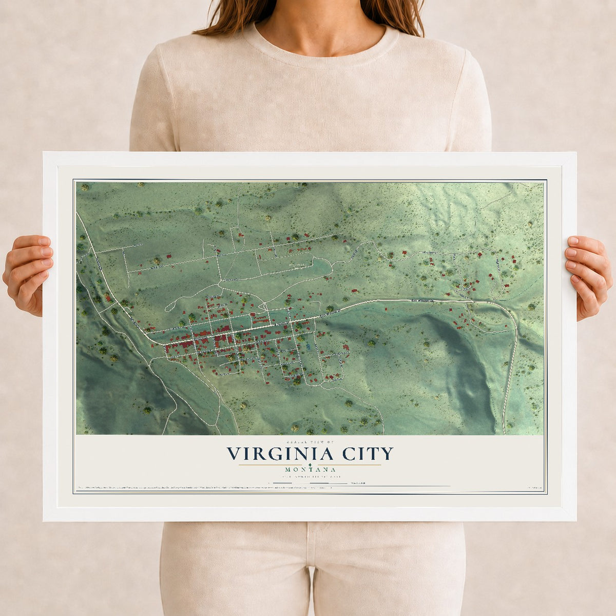 Map of Virginia City, Montana, 12 x 18 inch print in a white wood frame