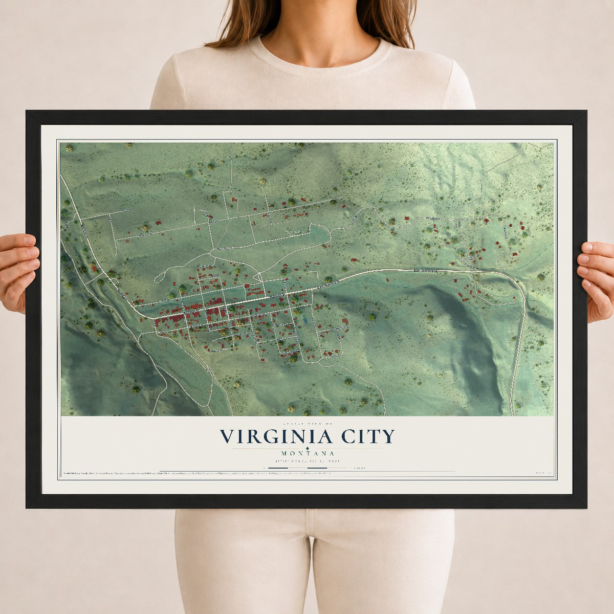 Map of Virginia City, Montana, 18 x 24 inch print in a black wood frame