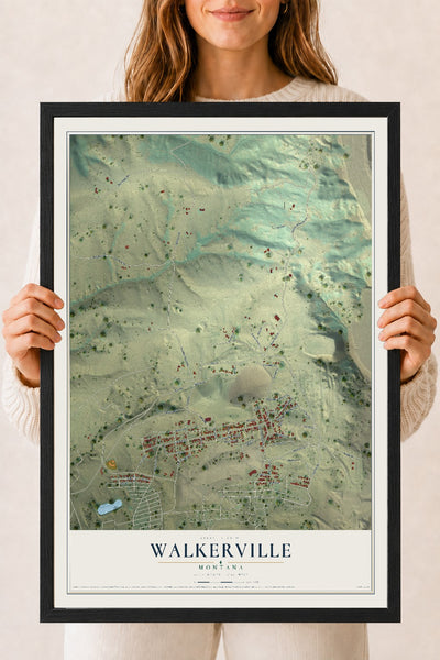 Map of Walkerville, Montana, 18 x 24 inch print in a black wood frame