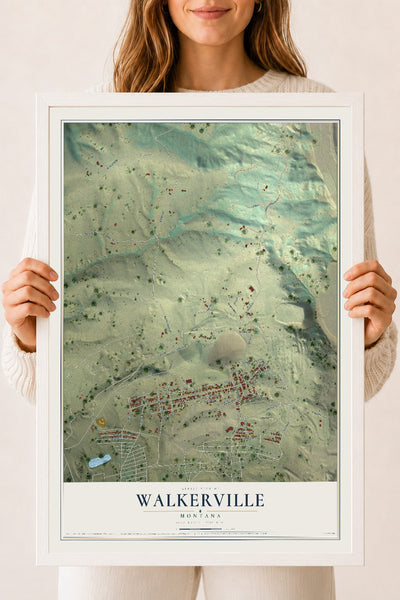 Map of Walkerville, Montana, 18 x 24 inch print in a white wood frame