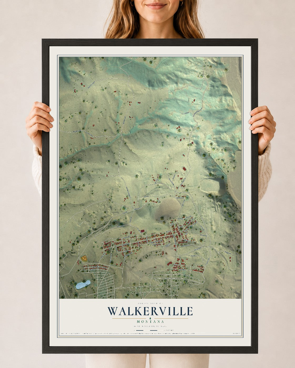 Map of Walkerville, Montana, 24 x 36 inch print in a black wood frame