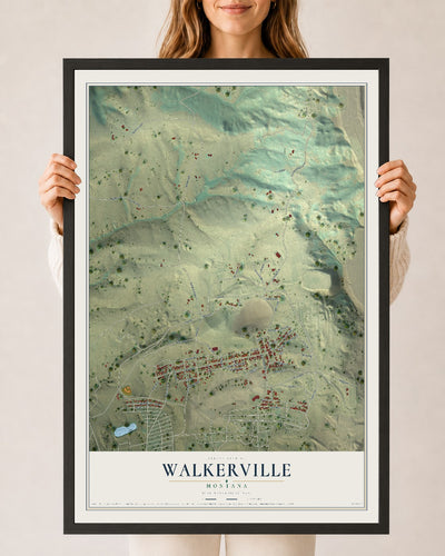 Map of Walkerville, Montana, 24 x 36 inch print in a black wood frame