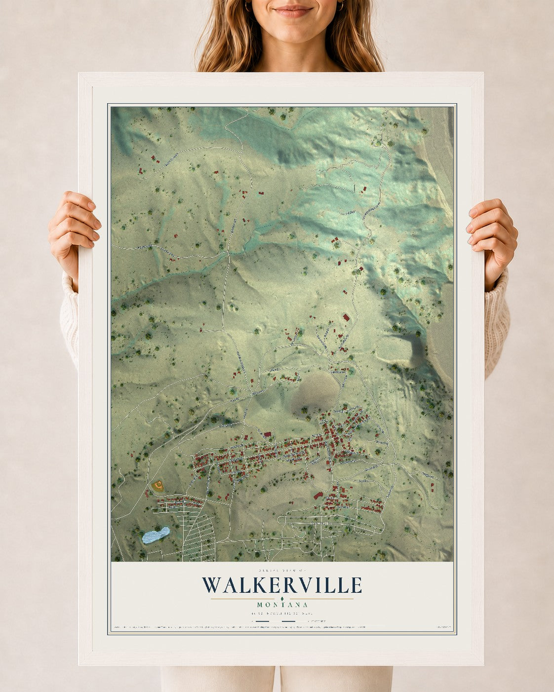 Map of Walkerville, Montana, 24 x 36 inch print in a white wood frame