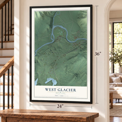 West Glacier, Montana map, 24 x 36 inch print in a black frame by a staircase