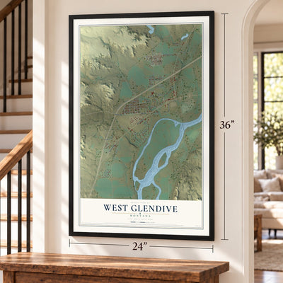 West Glendive, Montana map, 24 x 36 inch print in a black frame by a staircase