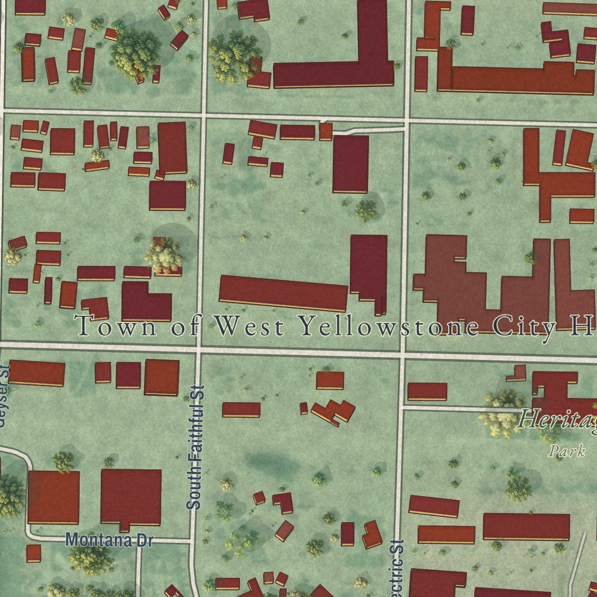Second close-up of the map of West Yellowstone, Montana print showing more streets and buildings
