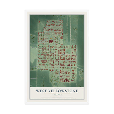 Map of West Yellowstone, Montana, 12 x 18 inch print in a white wood frame