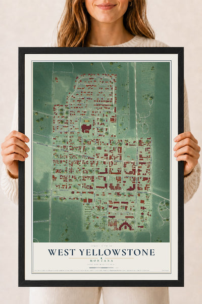 Map of West Yellowstone, Montana, 18 x 24 inch print in a black wood frame