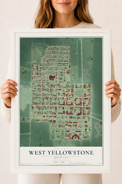 Map of West Yellowstone, Montana, 18 x 24 inch print in a white wood frame