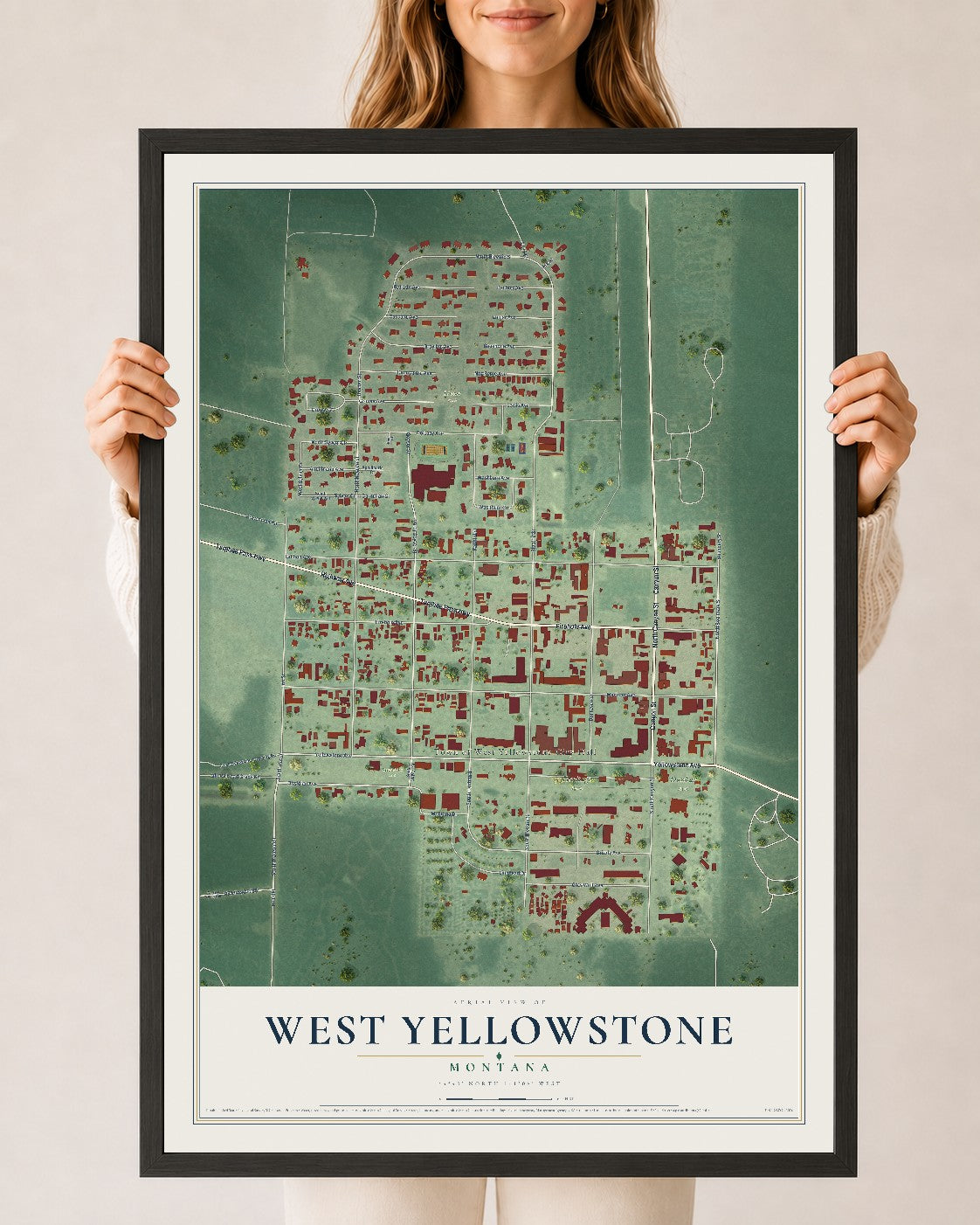 Map of West Yellowstone, Montana, 24 x 36 inch print in a black wood frame