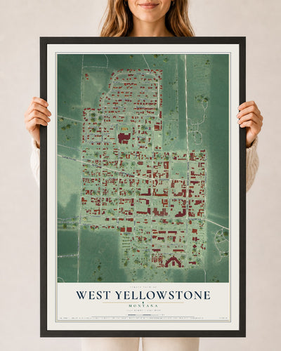 Map of West Yellowstone, Montana, 24 x 36 inch print in a black wood frame