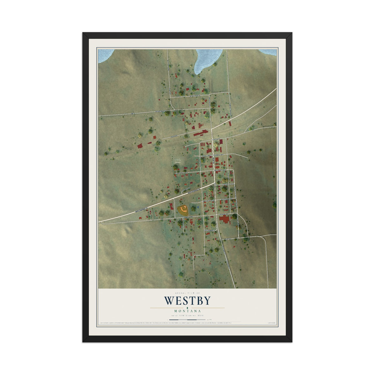 Map of Westby, Montana, 12 x 18 inch print in a black wood frame