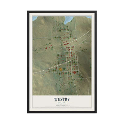 Map of Westby, Montana, 12 x 18 inch print in a black wood frame