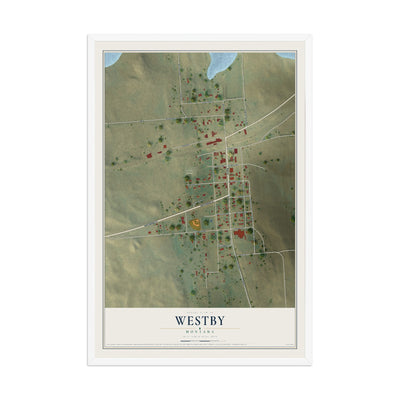 Map of Westby, Montana, 12 x 18 inch print in a white wood frame