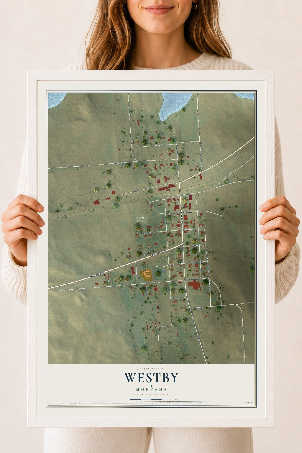 Map of Westby, Montana, 18 x 24 inch print in a white wood frame