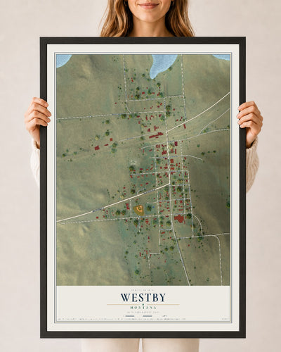 Map of Westby, Montana, 24 x 36 inch print in a black wood frame