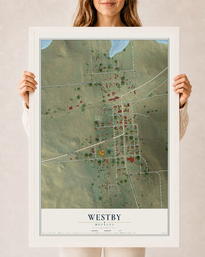 Map of Westby, Montana, 24 x 36 inch print in a white wood frame