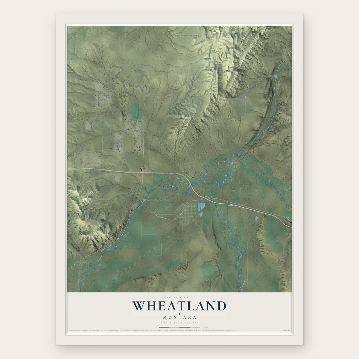 Wheatland, Montana map print, the full design