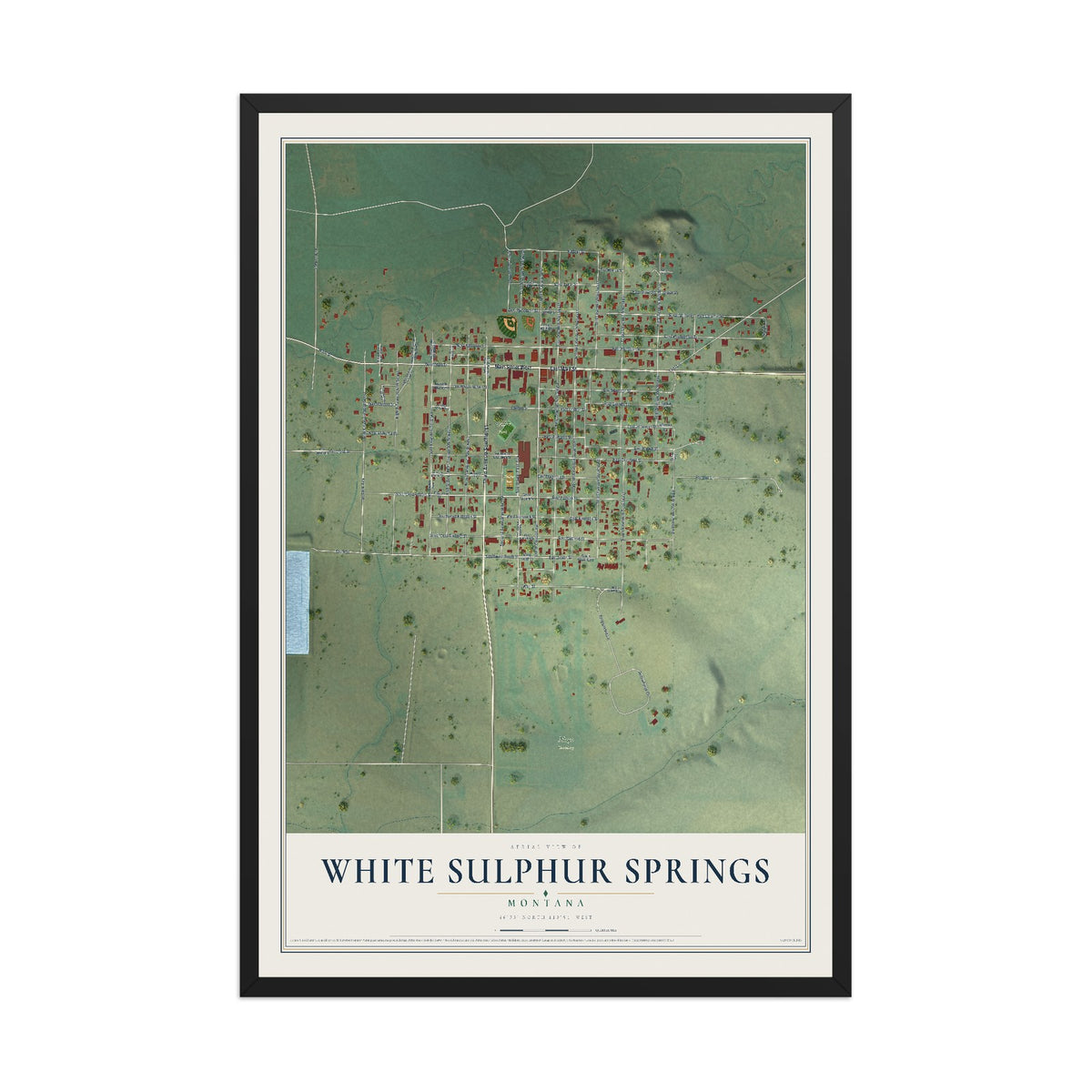 Map of White Sulphur Springs, Montana, 12 x 18 inch print in a black wood frame