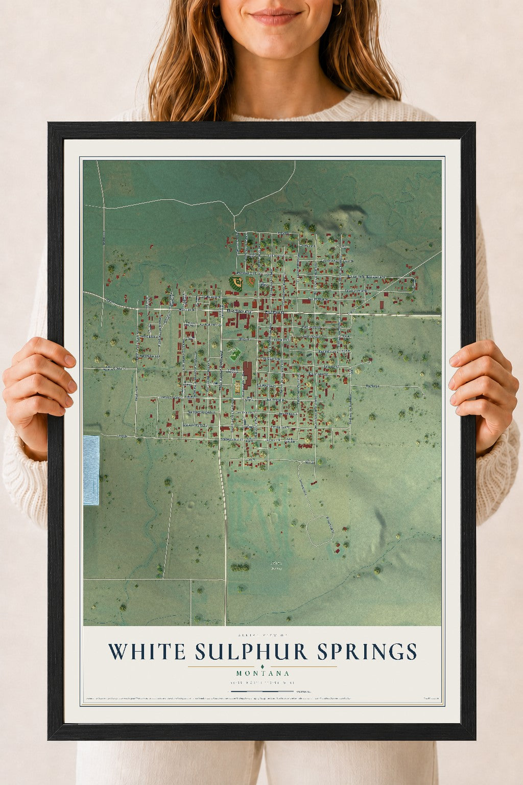 Map of White Sulphur Springs, Montana, 18 x 24 inch print in a black wood frame