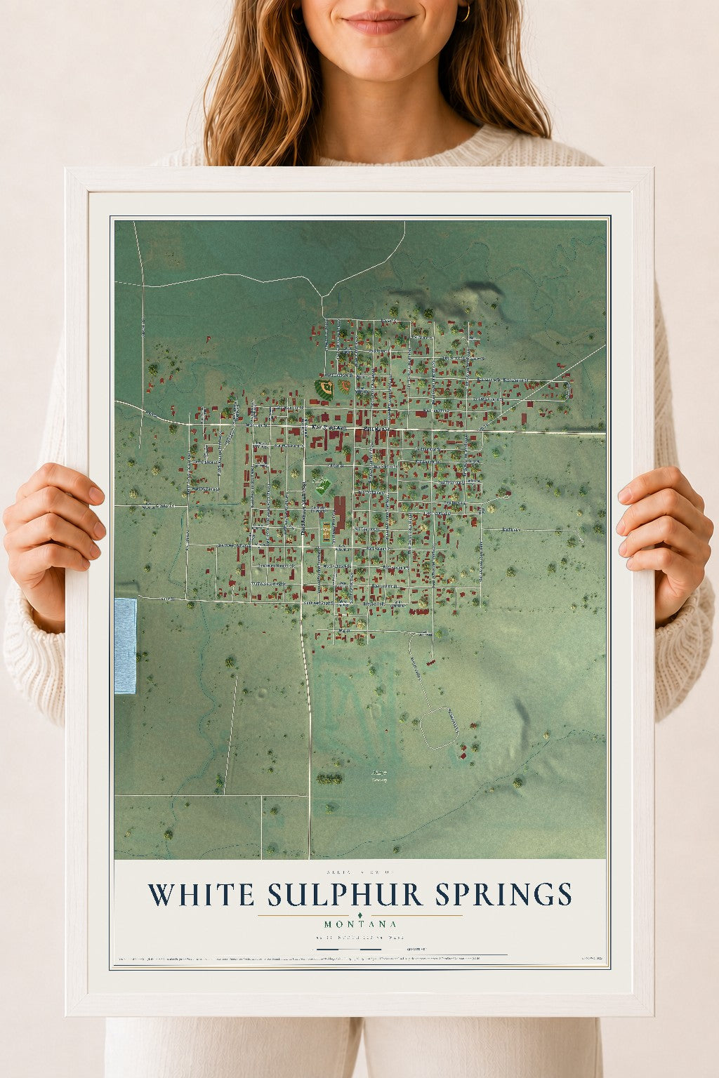 Map of White Sulphur Springs, Montana, 18 x 24 inch print in a white wood frame