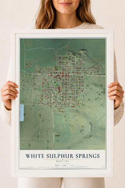 Map of White Sulphur Springs, Montana, 18 x 24 inch print in a white wood frame