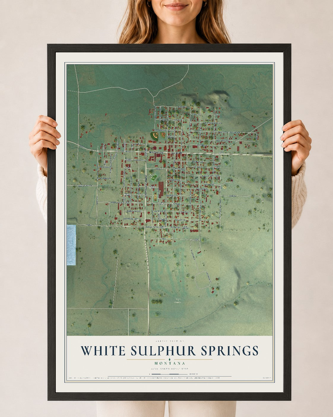Map of White Sulphur Springs, Montana, 24 x 36 inch print in a black wood frame