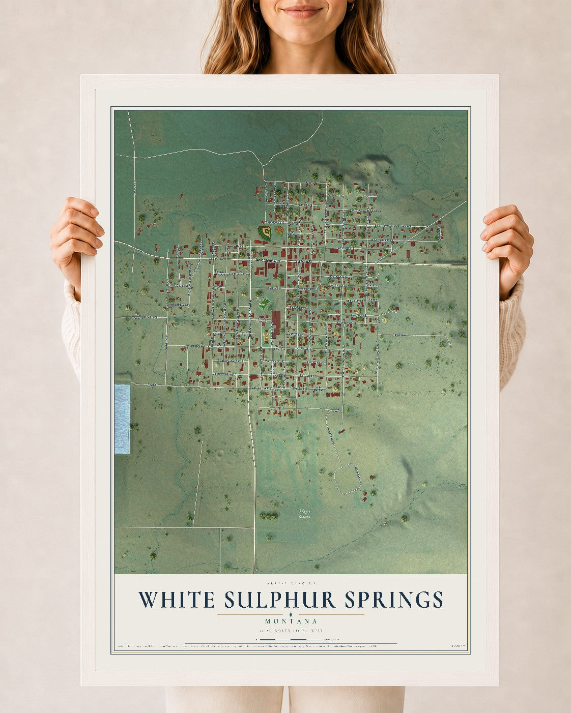 Map of White Sulphur Springs, Montana, 24 x 36 inch print in a white wood frame