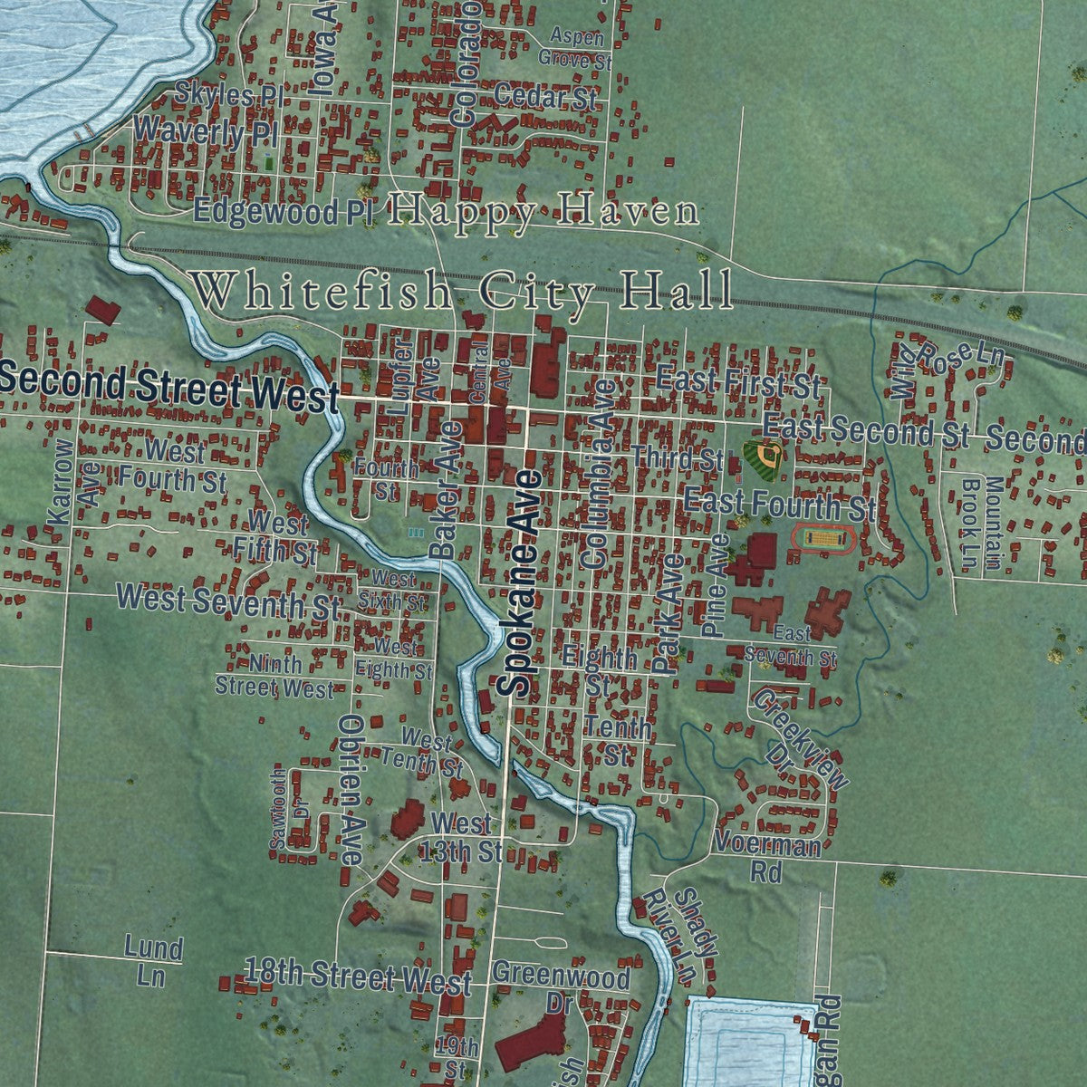 Close-up of the map of Whitefish, Montana print showing street and building detail