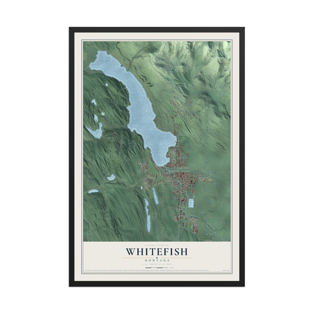 Map of Whitefish, Montana, 12 x 18 inch print in a black wood frame