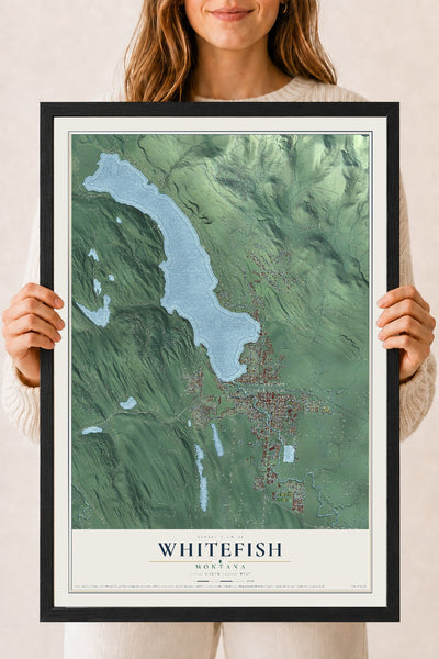 Map of Whitefish, Montana, 18 x 24 inch print in a black wood frame
