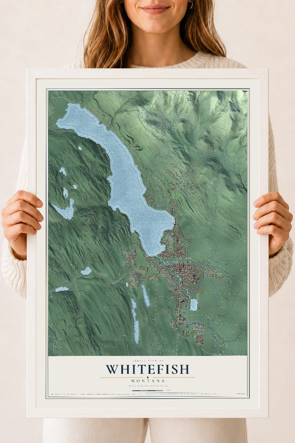 Map of Whitefish, Montana, 18 x 24 inch print in a white wood frame