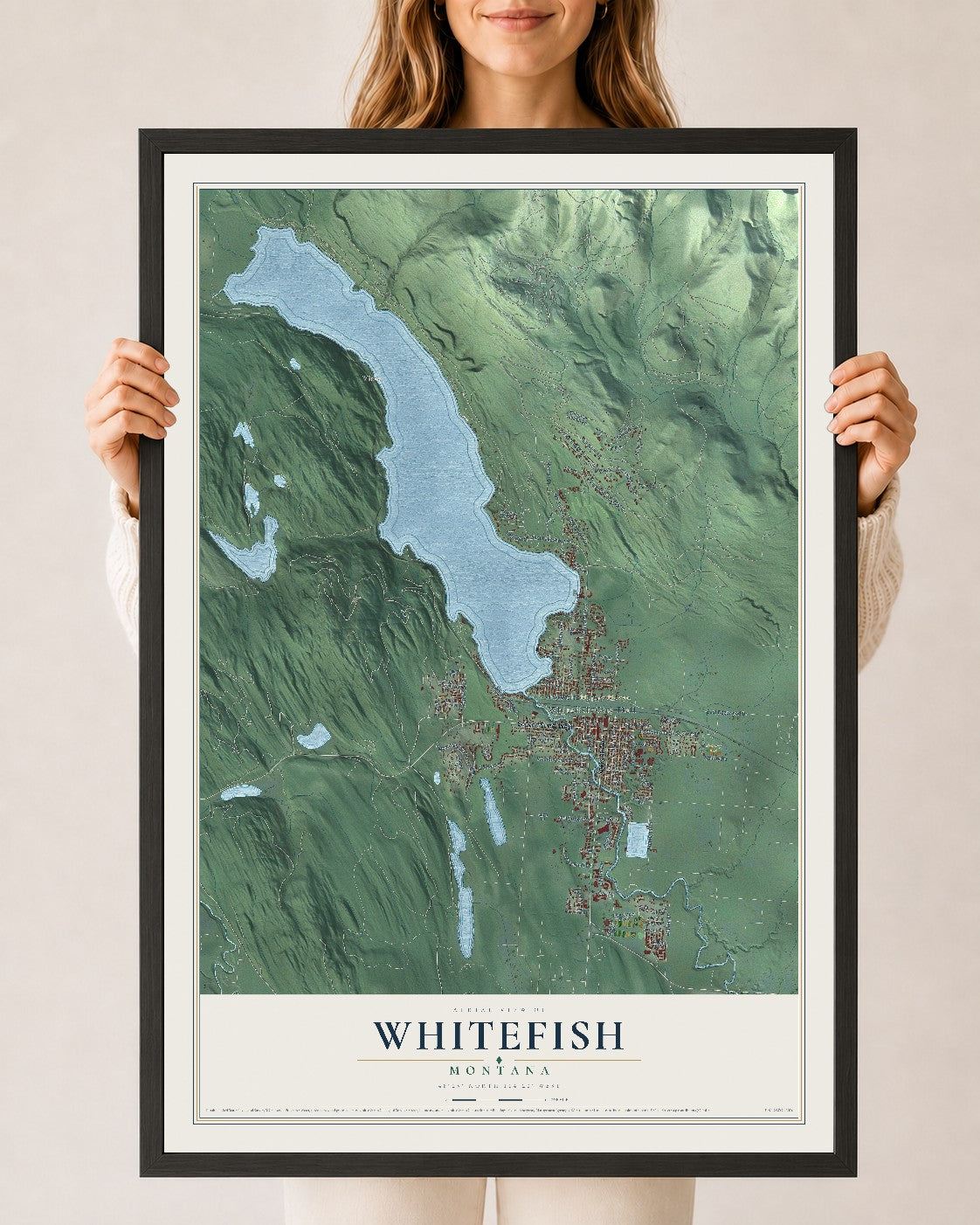 Map of Whitefish, Montana, 24 x 36 inch print in a black wood frame