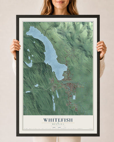 Map of Whitefish, Montana, 24 x 36 inch print in a black wood frame