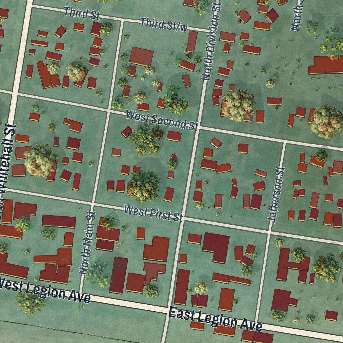 Close-up of the map of Whitehall, Montana print showing street and building detail