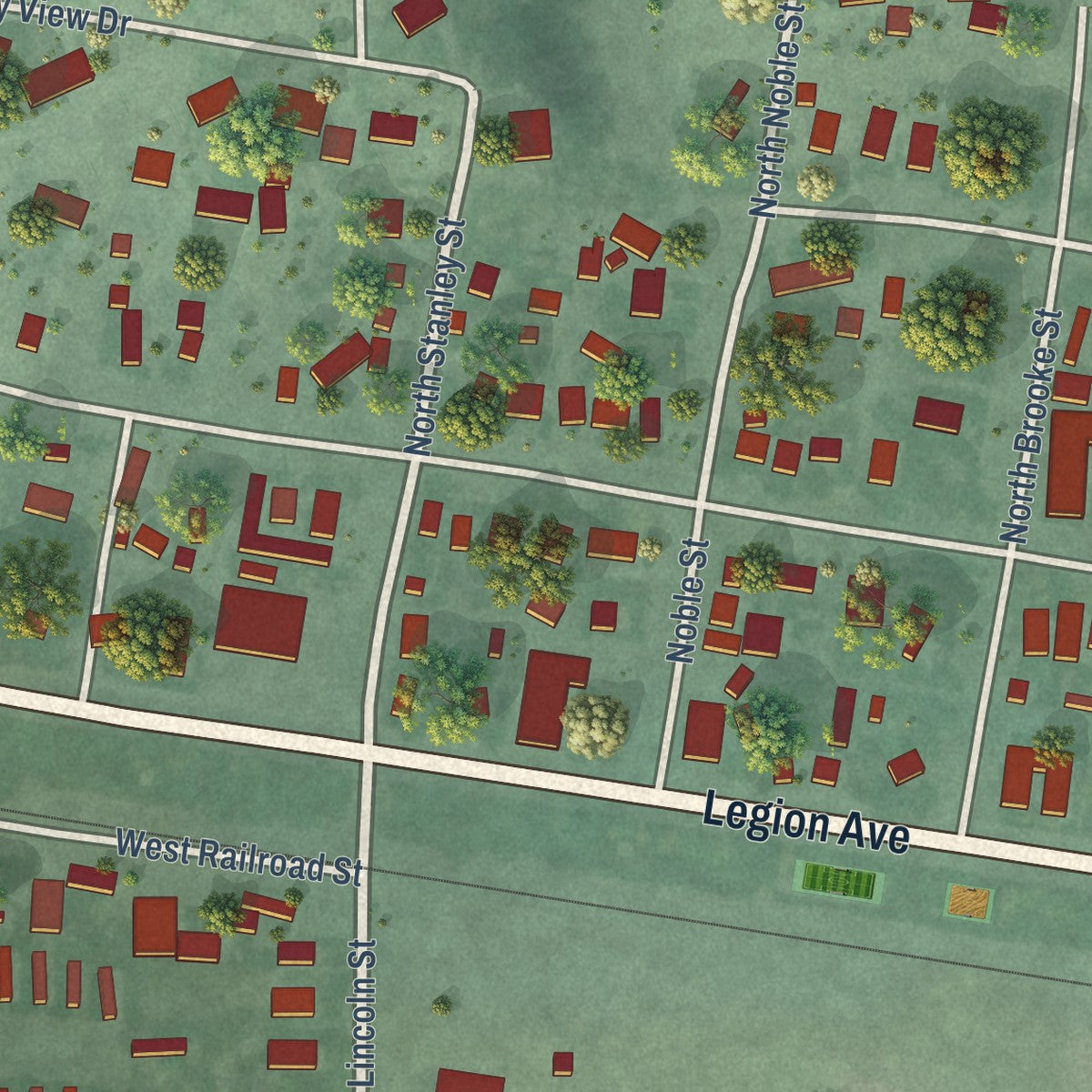 Second close-up of the map of Whitehall, Montana print showing more streets and buildings