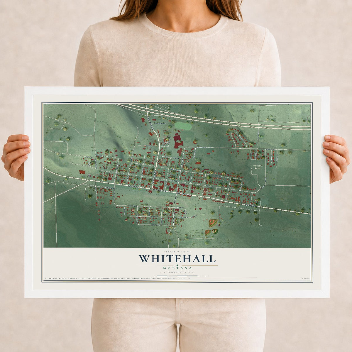 Map of Whitehall, Montana, 12 x 18 inch print in a white wood frame