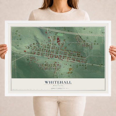 Map of Whitehall, Montana, 18 x 24 inch print in a white wood frame