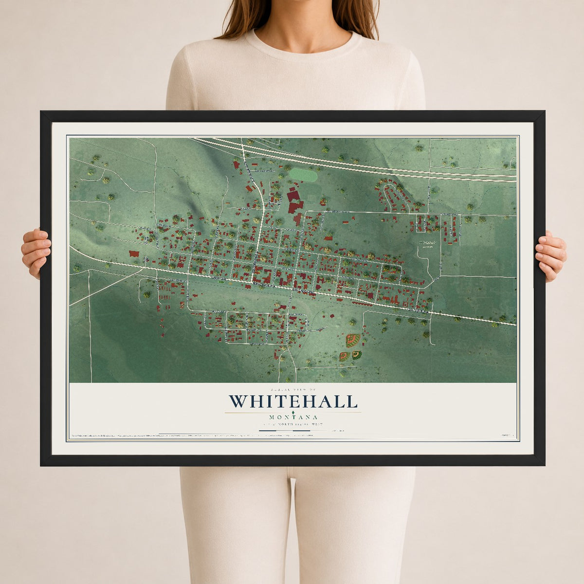 Map of Whitehall, Montana, 24 x 36 inch print in a black wood frame