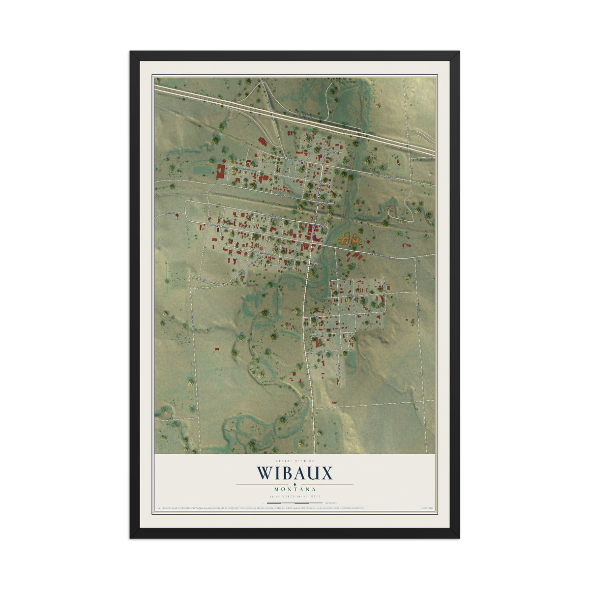 Map of Wibaux, Montana, 12 x 18 inch print in a black wood frame