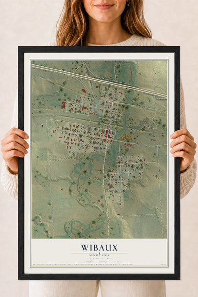 Map of Wibaux, Montana, 18 x 24 inch print in a black wood frame