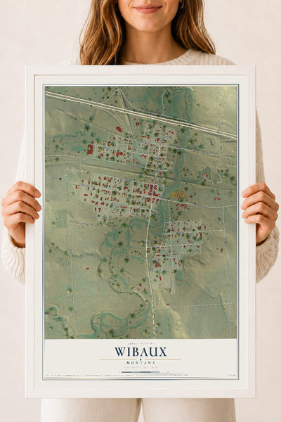 Map of Wibaux, Montana, 18 x 24 inch print in a white wood frame