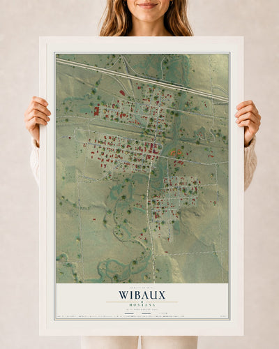 Map of Wibaux, Montana, 24 x 36 inch print in a white wood frame
