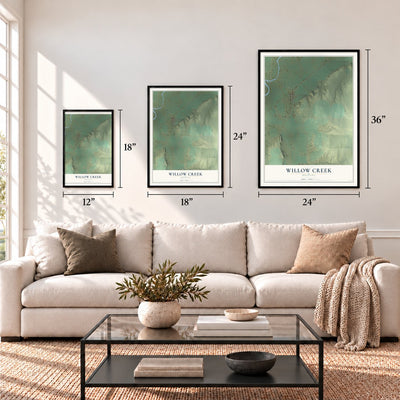 Willow Creek, Montana map in 12 x 18, 18 x 24 and 24 x 36 inch sizes above a sofa