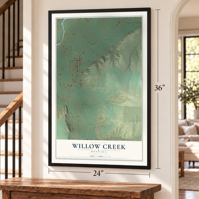 Willow Creek, Montana map, 24 x 36 inch print in a black frame by a staircase