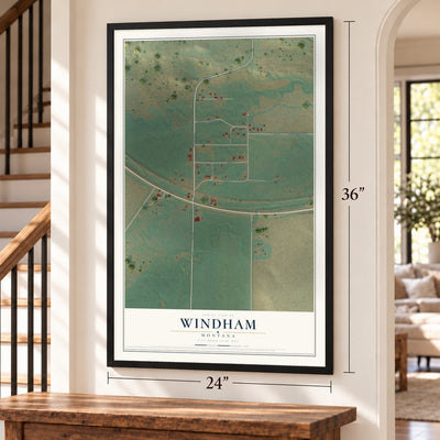 Windham, Montana map, 24 x 36 inch print in a black frame by a staircase