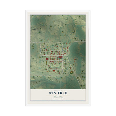 Map of Winifred, Montana, 12 x 18 inch print in a white wood frame
