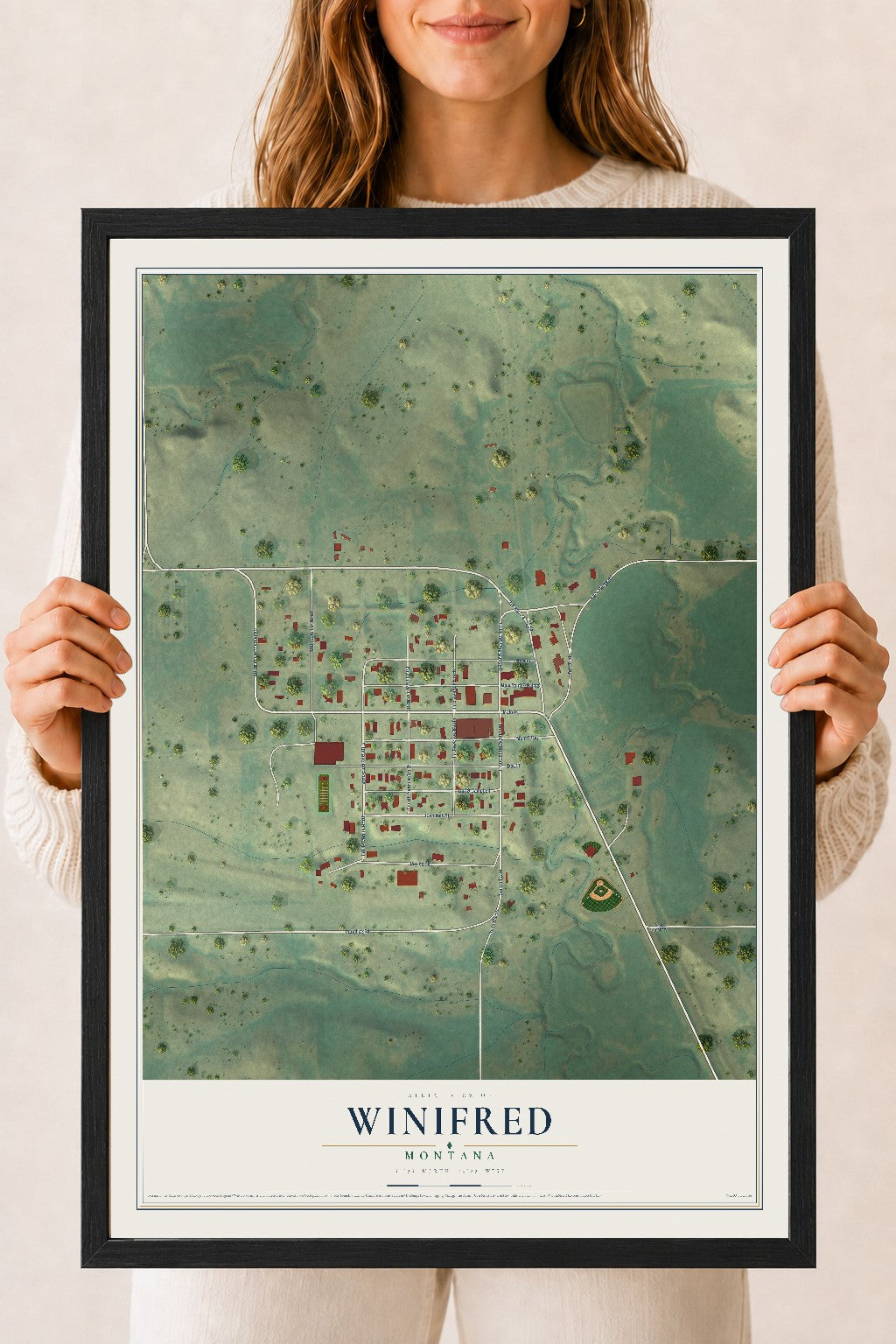 Map of Winifred, Montana, 18 x 24 inch print in a black wood frame