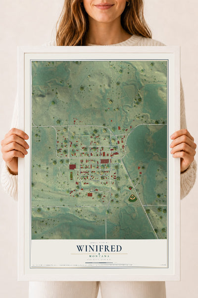 Map of Winifred, Montana, 18 x 24 inch print in a white wood frame