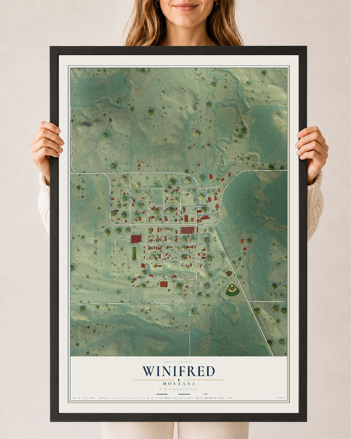 Map of Winifred, Montana, 24 x 36 inch print in a black wood frame